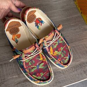 Margaritaville HEY DUDE Tropical Parrot Canvas Boat Shoes - Red, Green, Blue